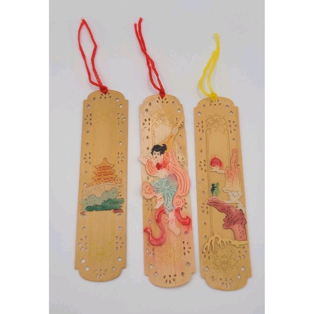 Oriental Wooden Bamboo Bookmarks with Tassel Vintage Set of 3
